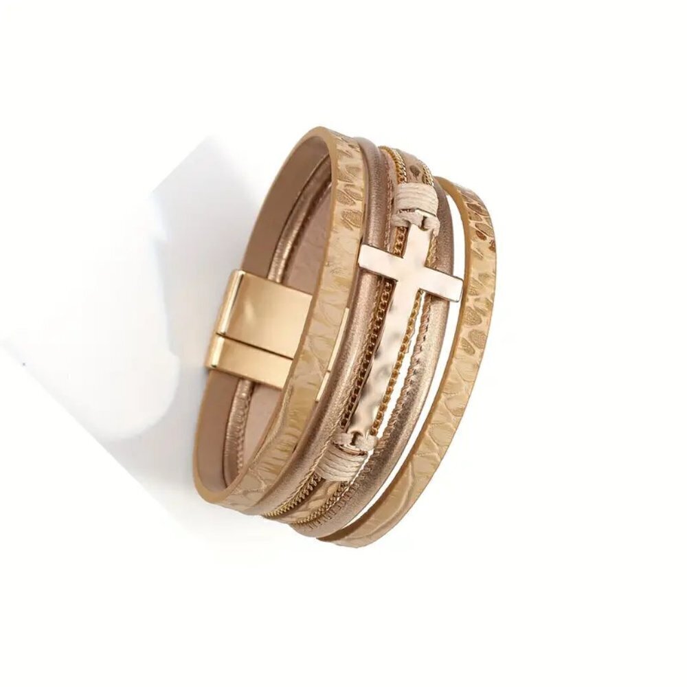 Bohemian Gold Tone Multi-Layer Bracelet Magnetic Clasp Cross Charm Religious - Picture 5 of 12
